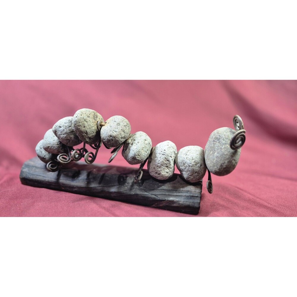 Happy Gardens River Rock Caterpillar Statue Metal Stone Art Garden Decor Base 9"